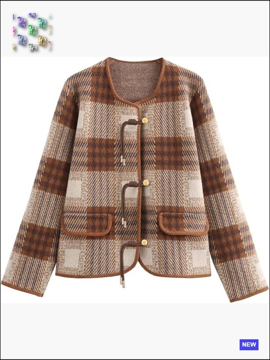 Sweaters - Plaid Button Down Cardigan Sweater Long Sleeve Chunky Knit Vintage Outerwear